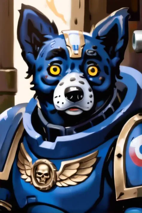 <lora:bledg:0.75>  <lora:primaris_marine-knight_armor:0.5>
A hyper realistic, ultra detailed painting of a comic bledg blue dog in primaris armor in a war world. graphic illustration, comic art, graphic novel art, vibrant, highly detailed
No helmet.