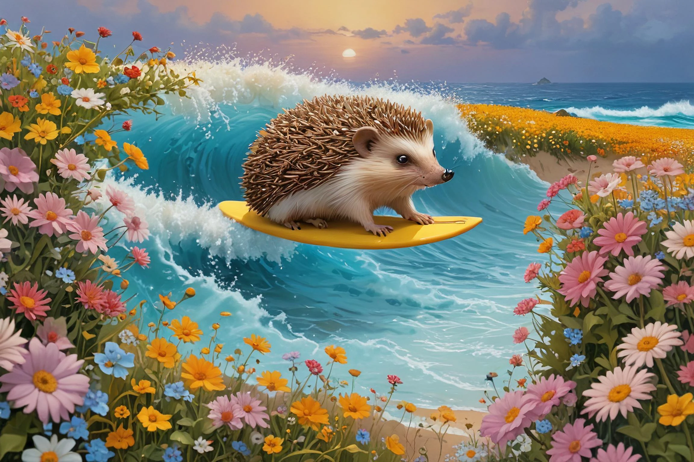 Guido Borelli da Caluso,Dullcore,FOV 90 degrees,Gel lighting,
A hedgehog is surfing on a sea of flowers,<lora:PAseer-SDXL-AcceleratorLighting:1>,