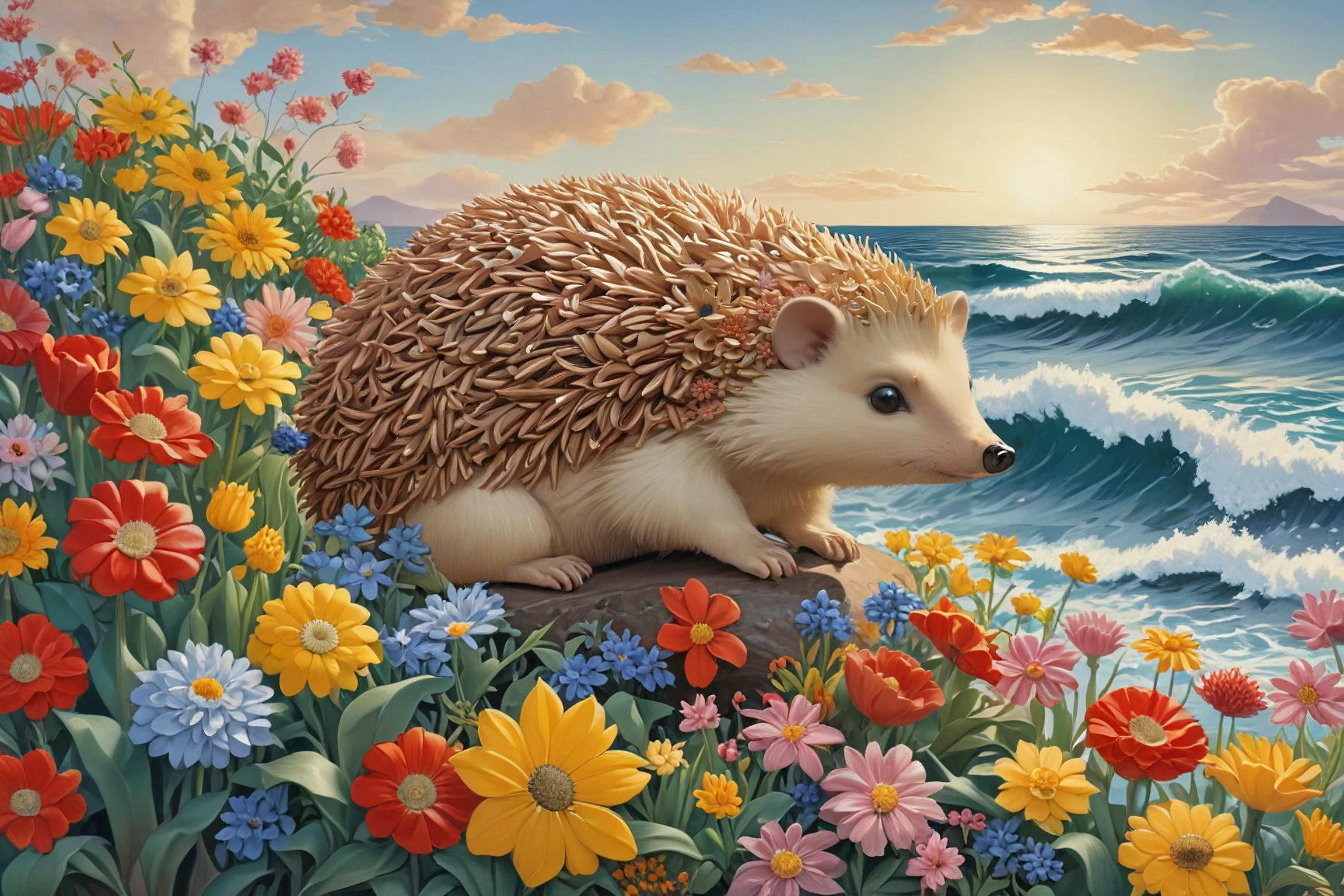 William Zorach,Queencore,deep focus,rim light,
A hedgehog is surfing on a sea of flowers,<lora:PAseer-SDXL-AcceleratorLighting:1>,