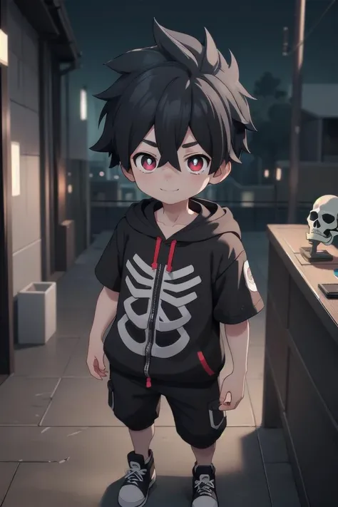 <lora:kabanesd-000012:0.6>
1boy named kabane_kusaka,
black hair,
standing alone in a city,
his pupils are white his corona is red,
he has a smirk on his face,
(black onesie:1.2) with (skeleton pattern:1.2),
draw it in the style of Kemono Jihen,
hood down
black short pants,
The soft lighting and detailed surroundings create an immersive environment where imagination runs wild hyper-detailed,
hyper-detailed face, high quality visuals, dim Lighting, sharply focused, octane render, 8k UHD,
GS-Boyish, AS-YoungV2