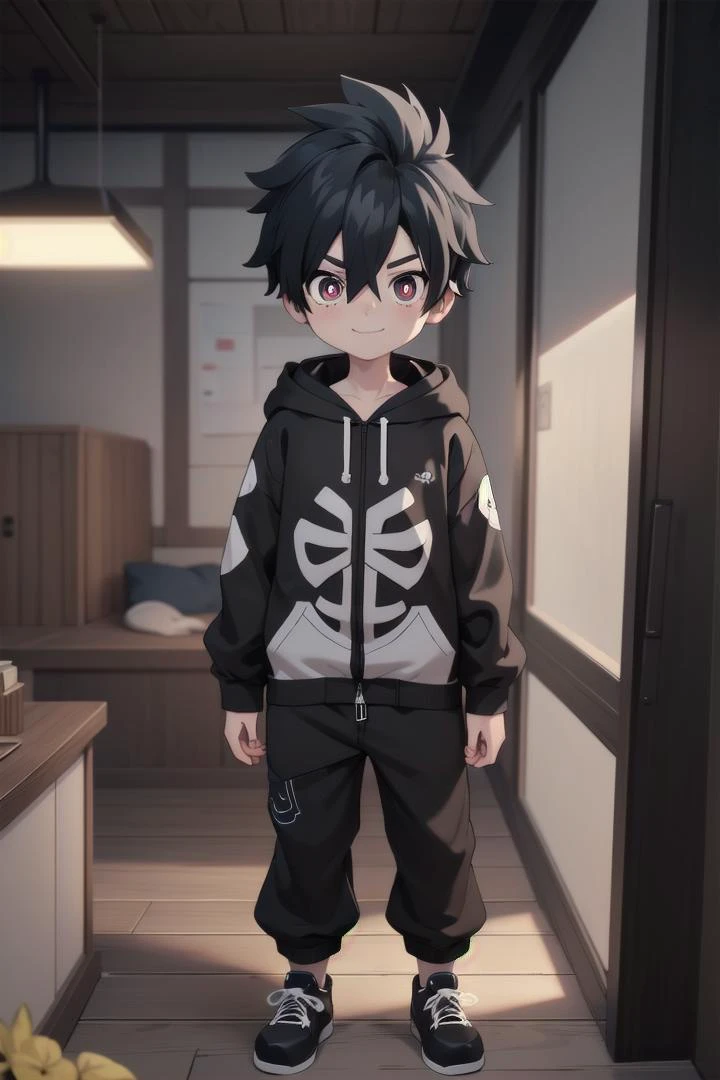 <lora:kabanesd-000012:0.6>
1boy named kabane_kusaka,
black hair,
standing alone in a city,
his pupils are white his corona is red,
he has a smirk on his face,
(black onesie:1.2) with (skeleton pattern:1.2),
draw it in the style of Kemono Jihen,
hood down
black short pants,
The soft lighting and detailed surroundings create an immersive environment where imagination runs wild hyper-detailed,
hyper-detailed face, high quality visuals, dim Lighting, sharply focused, octane render, 8k UHD,
GS-Boyish, AS-YoungV2