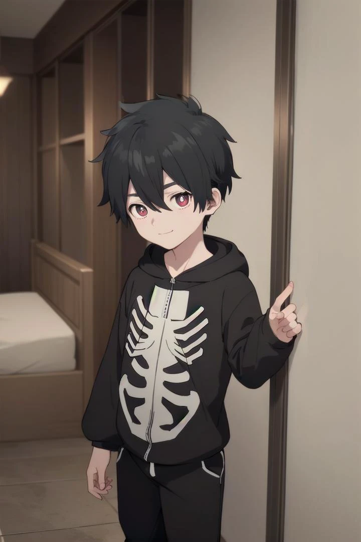 <lora:kabanesd-000012:0.6>
1boy named kabane_kusaka,
black hair,
standing alone in a city,
his pupils are white his corona is red,
he has a smirk on his face,
(black onesie:1.2) with (skeleton pattern:1.2),
draw it in the style of Kemono Jihen,
hood down
black short pants,
The soft lighting and detailed surroundings create an immersive environment where imagination runs wild hyper-detailed,
hyper-detailed face, high quality visuals, dim Lighting, sharply focused, octane render, 8k UHD,
GS-Boyish, AS-YoungV2