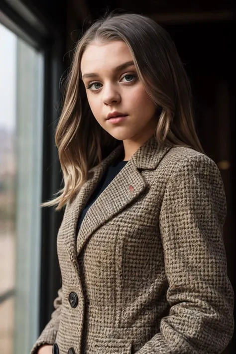 photo of G4bb13C4rt3r_HM-140, a woman, perfect hair, (modern photo), wearing tweed coat, blouse, khaki pants, 135mm short telephoto (analog, cinematic, film grain:1.3), Martian Weather Station, Outpost studying Martian atmosphere, weather patterns, and climate change., detailed eyes, professional pose, (epiCPhoto), (looking at viewer:1.1), (cinematic shot:1.3), (natural style lighting), OverallDetail, SkinHairDetail