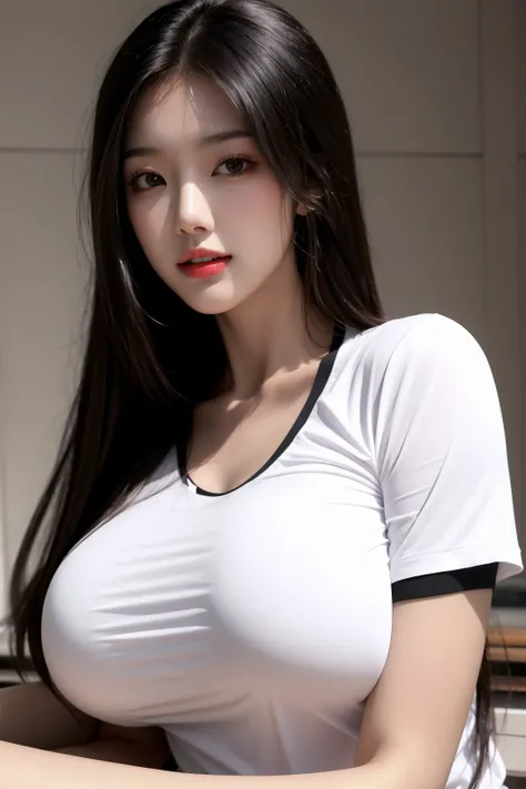 (highest image quality:1.35), high quality, Realistic photo, (A beautiful woman:1.33), beautiful expression, (delicate eyes:1.3), (delicate face:1.3 ), Smile, (slick hair:1.2), Super detailed , high resolution, athletic figure, (big breasts:1.25), (long hair:1.2), (beautiful woman), ( Cute navel:1.2), (Depth of field f/1.8:1.45 ), sharp focus, original photo , (Thin white shirt:1.45), (Thin black pants:1.4), (Thin tight bloack pants: 1.4 ), (Thick thighs:1.5), (Forward:1.25), (cowboy photo: 1.4), (Sports, black background :1.4 ), (black background:1.5 ),