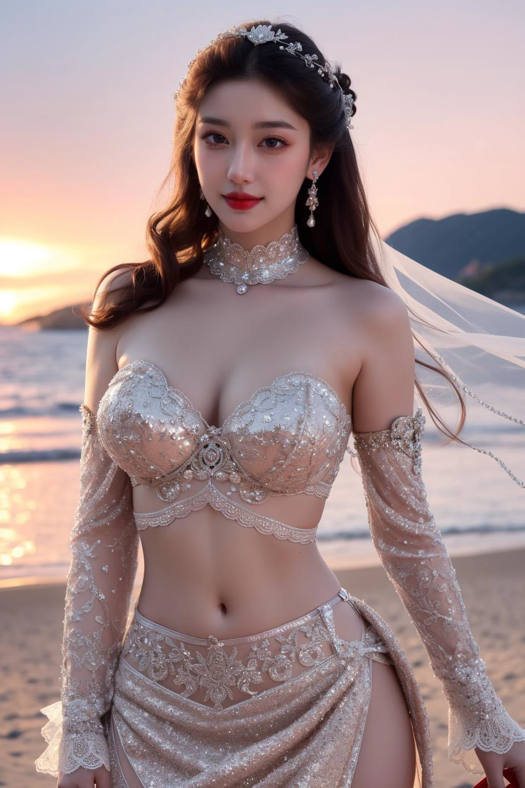 (masterpiece:1.5), (((top quality, best quality, high quality))), ((intricately detailed, ultra-detailed, insanely detailed)), highres, 32K, extremely detailed unity CG 8K wallpaper, (beautiful and aesthetic:1.2),, (depth of field:1.3), (immaculate:1.3), (delicate detailed depiction:1.4), (photorealistic:1.4), (realistic:1.3),
(((brilliant full lighting, luscious vibrant colors))), (ambient volumetric backlighting:1.5), (deliberate illustration of the most beautiful woman:1.5),
(upper body), ((sharp focus:1.3)), (perfectly centered:1.4), (natural willowy posture:1.5), (((dynamic pose, cinematic angle))),
(1girl:1.5), (solo:1.4), (bride:1.4), (curly updo:1.5),
beautiful gorgeous face, [(detailed face:1.2):0.2], bright eyes, pureerosface_v1,  ulzzang-6500-v1.1,  (closed mouth:1.5), (red lips:1.4), (full lips:1.4), (brilliant smile:1.5), 
attractive flawless body, (((pronounced feminine curves))), (pale skin:1.5), bright glistening skin, realistic skin, skin pores, (curvy:1.4), (((toned belly, navel, groin:1.3))), narrow waist, 
(wedding micro bikini:1.5), (explicit costume:1.5), (((bridal veil, bridal gauntlets, bridal garter))), (sparkling exquisite bridal bikini miniskirt:1.5), (ornate glittering long-sleeved shrug and corset:1.5), ((bows, frills, lace):1.5), (pearl chains:1.5), (embroidered tassels:1.3), (((gems-adorned detached collar))), (fabrication glitters:1.5), (luxury intricate clothing jewelries:1.5), (jeweled embroideries:1.4), (clothing sparkles:1.4), (sparkling particles:1.3), (((sagging front seam, sagging hind seam))), (((earrings, armlets, hairclip, hair ornaments))),   
(walking:1.5), (on the beach:1.5), (surreal delicate background:1.5), (intricate complex scene:1.5), (magnificent landscape:1.5), (breathtaking spectacular scenery:1.5), <lora:detail_slider_v4:1.8>,