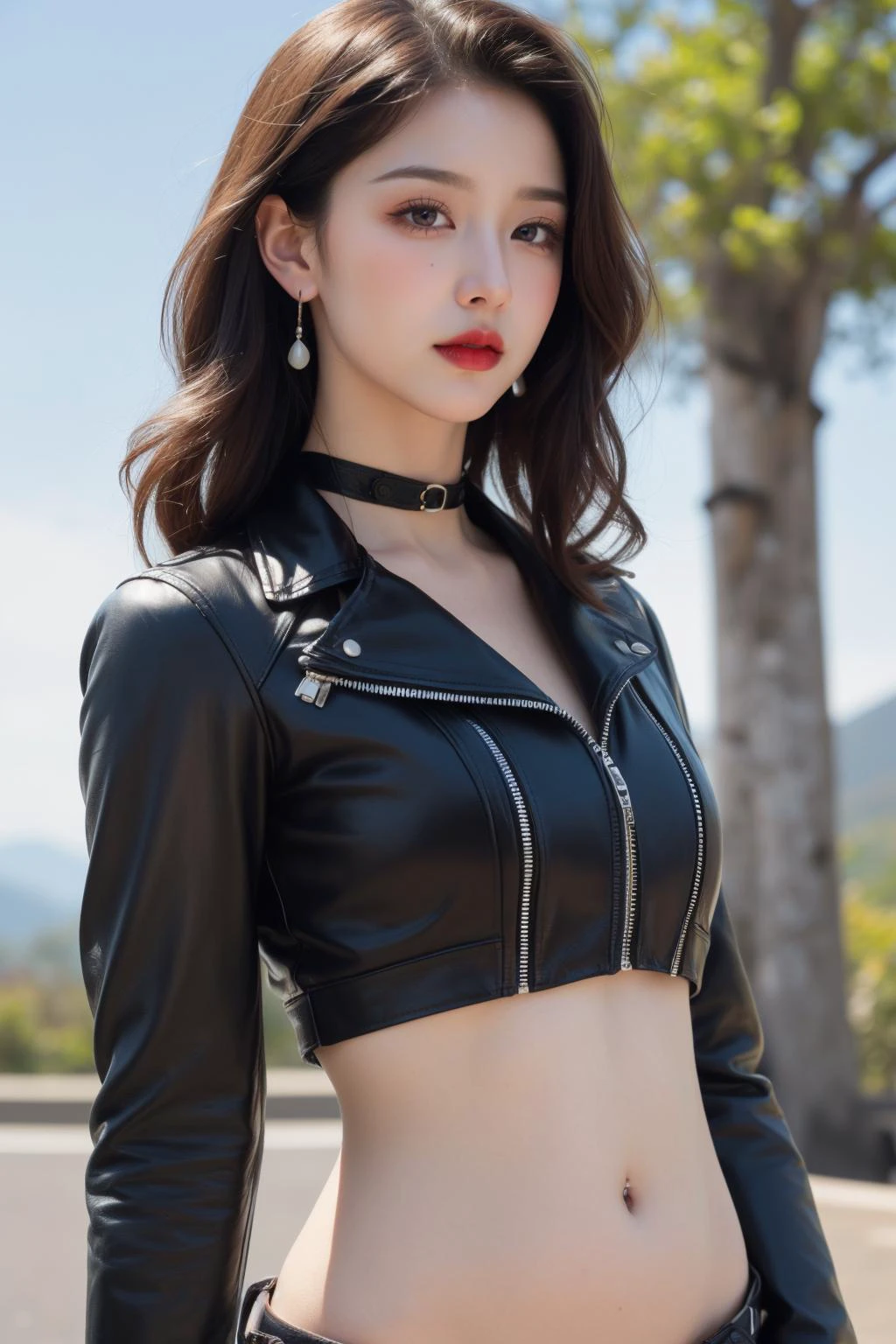 (masterpiece:1.5), (((top quality, best quality, high quality))), ((intricately detailed, ultra-detailed, insanely detailed)), highres, 32K, extremely detailed unity CG 8K wallpaper, (beautiful and aesthetic:1.2),, (depth of field:1.3), (immaculate:1.3), (delicate detailed depiction:1.4), (photorealistic:1.4), (surrealism:1.3),
(((brilliant full lighting, luscious vibrant colors))), (ambient volumetric backlighting:1.5), (illustration of an immensely beautiful woman:1.3),
(upper body:1.4), (perfectly centered:1.4), (natural willowy posture:1.5), (((dynamic pose, cinematic angle))),
(1milf:1.5),
beautiful gorgeous face, [(detailed face:1.2):0.2], bright eyes, pureerosface_v1, ulzzang-6500-v1.1, (closed mouth:1.5), (red lips:1.4), (full lips:1.4), (slight smile:1.3),
attractive flawless body, (((pronounced feminine curves))), bright glistening skin, realistic skin, skin pores, (((toned belly, navel, groin:1.3))), narrow waist,
(((skin-tight))), (leather jacket:1.5), (zipped-up:1.5), (leather pants:1.5), ((belt)),  (((black choker))), (((sagging front seam, sagging hind seam))), (((earrings, hairclip, hair ornaments))),
(walking by the motorbike:1.2), (motorbike:1.5), (outdoors:1.3), (highway on the mountain ranges:1.4),