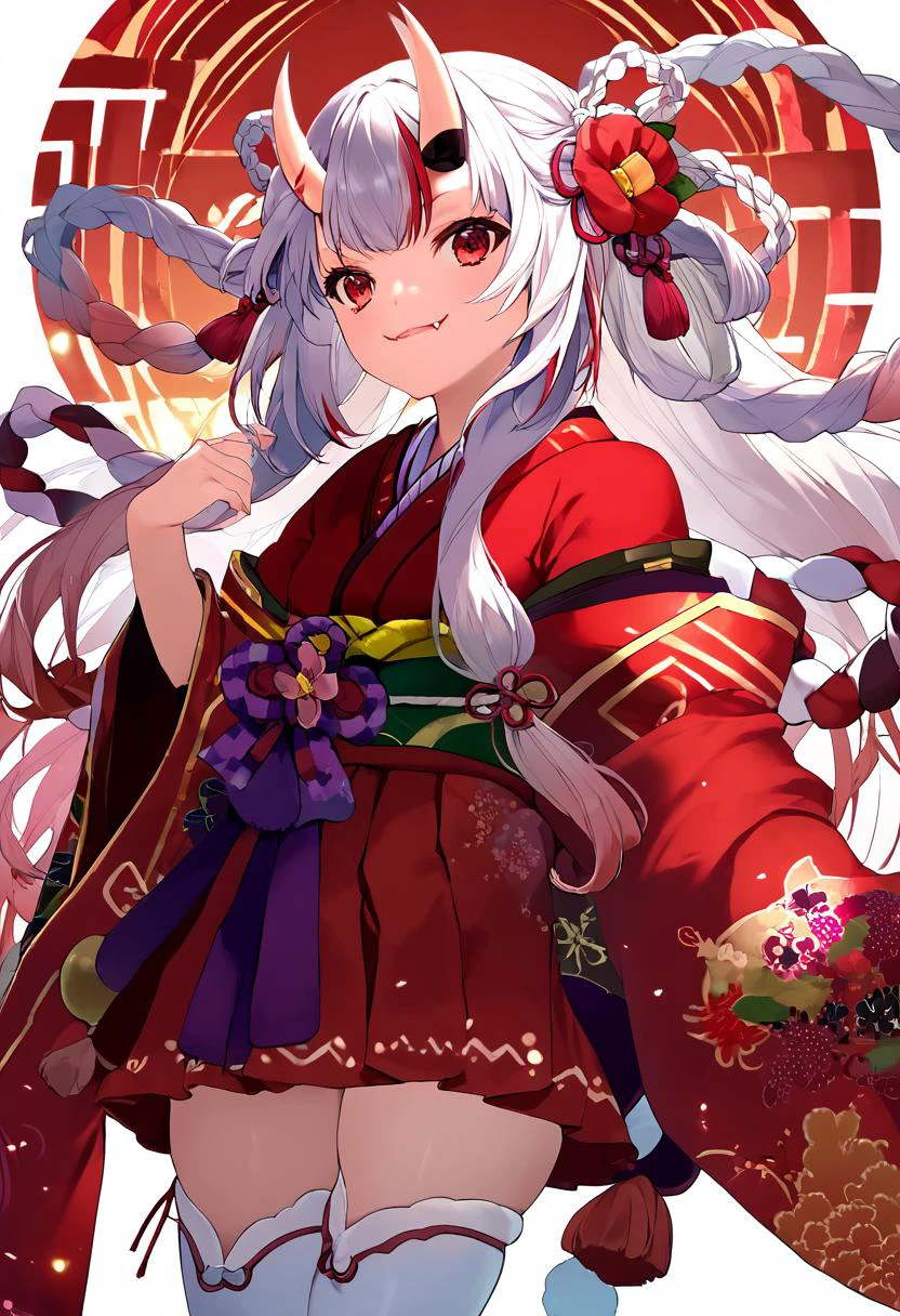 score_9, score_8_up, score_7_up, high resolution, masterpiece, high quality, best quality, highly detailed, rating questionable, detailed background, <lora:NakiriAyamePDXL:1> NakiriAyame, oni horns, smile, fangs, long hair, AyameShrine, oni horns, hair flower, long hair, braided hair rings, japanese clothes, hakama skirt, white thighhighs, <lora:Forastero_Lora__Style__Pony_XL:1> forastero