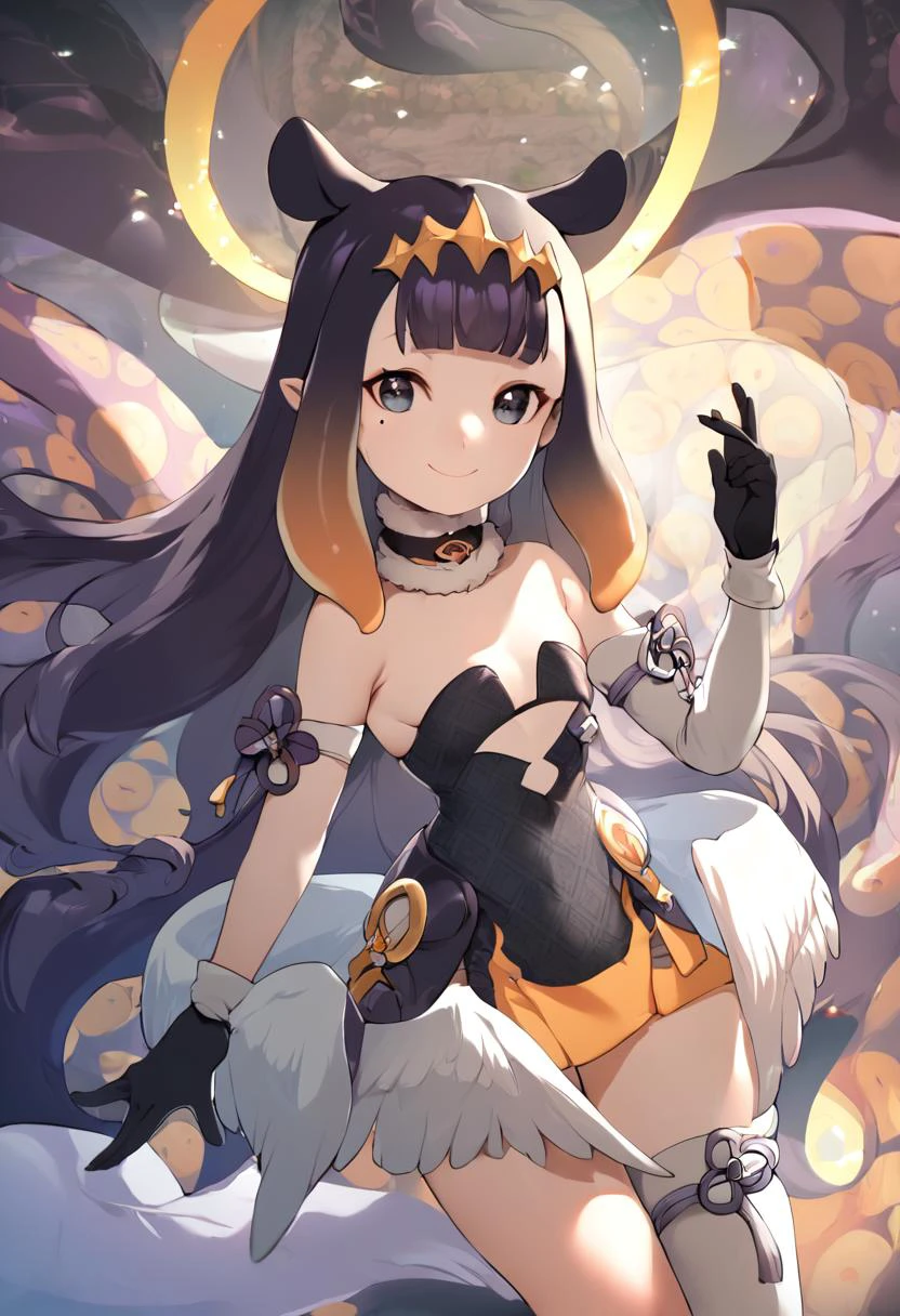 score_9, score_8_up, score_7_up, high resolution, masterpiece, high quality, best quality, highly detailed, rating questionable, detailed background, 1girl, inapriestess, strapless dress, single thighhigh, single detached sleeve, black gloves, low wings, halo, tentacles, mole under eye, smile, happy <lora:inaXL:1>, <lora:Forastero_Lora__Style__Pony_XL:1> forastero