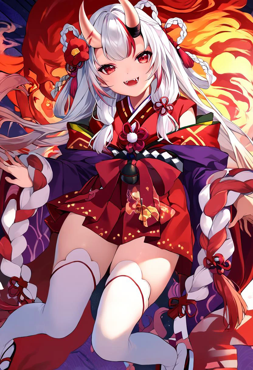 score_9, score_8_up, score_7_up, high resolution, masterpiece, high quality, best quality, highly detailed, rating questionable, detailed background, <lora:NakiriAyamePDXL:1> NakiriAyame, oni horns, smile, fangs, long hair, AyameShrine, oni horns, hair flower, long hair, braided hair rings, japanese clothes, hakama skirt, white thighhighs, <lora:Forastero_Lora__Style__Pony_XL:1> forastero
