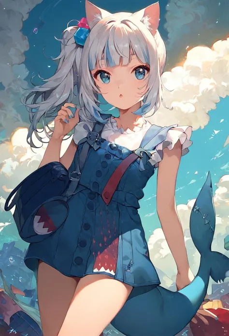 score_9, score_8_up, score_7_up, high resolution, masterpiece, high quality, best quality, highly detailed, rating questionable, detailed background,   <lora:guraXL:1> gura_casual, cat ears, blue dress, white shirt, side ponytail, cube hair ornament, shoulder bag, shark tail, blue nails,  <lora:Forastero_Lora__Style__Pony_XL:1> forastero