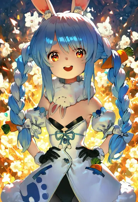 score_9, score_8_up, score_7_up, high resolution, masterpiece, high quality, best quality, highly detailed, rating questionable, detailed background,   <lora:Usada Pekora (Autism SDXL):1> 1girl, usada pekora (1st costume), animal ear fluff, animal ears, carrot hair ornament, twin braids, blue hair, black gloves, bow, white dress, <lora:Forastero_Lora__Style__Pony_XL:1> forastero,