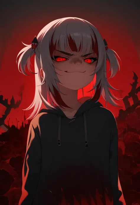 score_9, score_8_up, score_7_up, high resolution, masterpiece, high quality, best quality, highly detailed, rating questionable, detailed background, <lora:guraXL:1>, gura_red, dark persona, red eyes, streaked hair, two side up, shark hair ornament, blood, shark tail, black hoodie, evil smirk, evil, <lora:Forastero_Lora__Style__Pony_XL:1> forastero