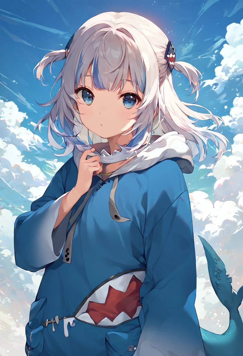 score_9, score_8_up, score_7_up, high resolution, masterpiece, high quality, best quality, highly detailed, rating questionable, detailed background, <lora:guraXL:1> gawr gura, blue hoodie, two side up, shark hair ornament, shark tail, <lora:Forastero_Lora__Style__Pony_XL:1> forastero