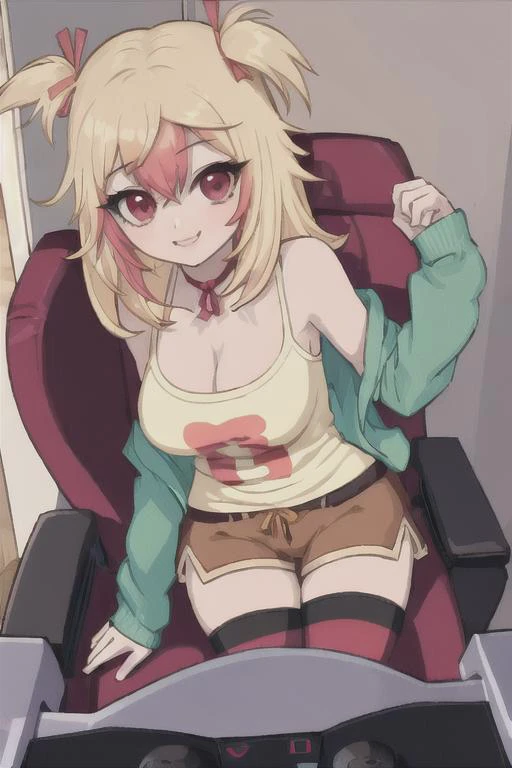 <lora:mioV1:.8>, mio, 1girl, solo, breasts, blonde hair, multicolored hair, red eyes,large breasts, cleavage, shorts, long hair, thighhighs, brown shorts, camisole, shirt, smile, ribbon, indoors, bedroom, gaming_chair
