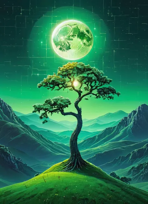 futuristic landscape, a solitary tree on a green hill, with a artmsc and pixelated moon, highly detailed, at night, multiple lights,
<lora:ArtfullyMOSAIC_SDXL_V1:0.8>