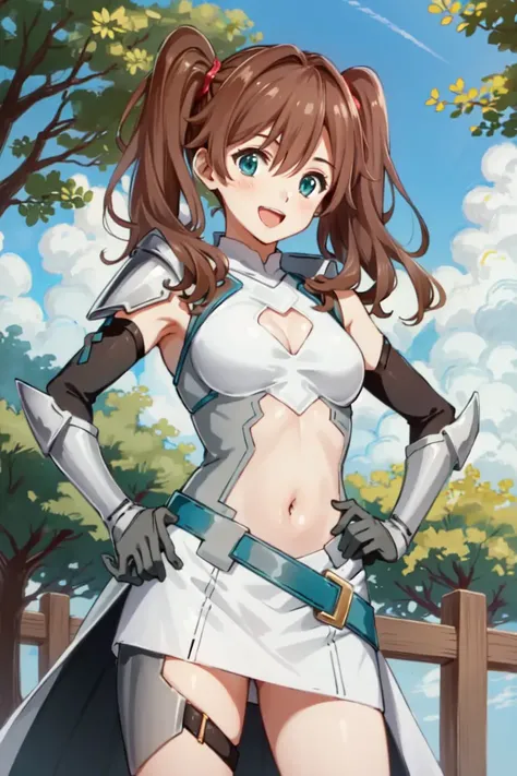 masterpiece, best quality, absurdres, perfect anatomy, 1girl, solo, Miku390, twintails, long hair, fantasy, jewelry, leg armor, (navel cutout, armored dress:1.2), smile, :d, hands on own hips, village, outdoors