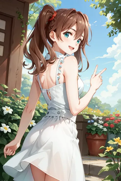 masterpiece, best quality, absurdres, perfect anatomy, 1girl, solo, Miku390, twintails, long hair, from behind, sundress, yellow sundress, garden, day, sunshine, smile, looking back