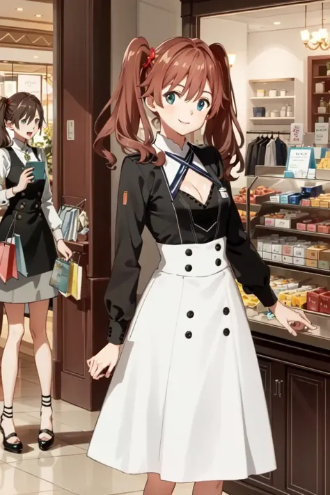 masterpiece, best quality, absurdres, perfect anatomy, 1girl, solo, Miku390, twintails, long hair, high-waist skirt, long skirt, white skirt, black shirt, cleavage, long sleeves, smile, standing, indoors, shopping mall
