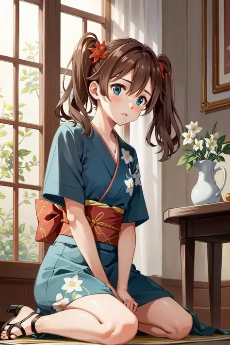 masterpiece, best quality, absurdres, perfect anatomy, 1girl, solo, Miku390, twintails, long hair, indoors, kimono, hair flower, floral print, wariza, sitting, hands on own knees