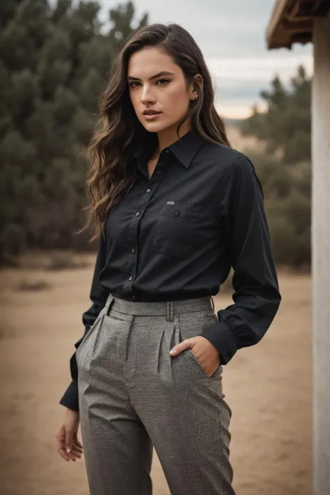 <lora:4l3ss4ndr4:0.9>, a Realistic photo of 4l3ss4ndr4 woman, long hair, looking at viewer, shirt, black hair, long sleeves, brown eyes, closed mouth, standing, cowboy shot, pants, blurry, lips, black shirt, blurry background, black pants, realistic, arms at sides, soft lighting, professional Photography, Photorealistic, detailed eyes, RAW, analog, sharp focus, 8k, HD, DSLR, high quality, Fujifilm XT3, film grain, award winning, masterpiece