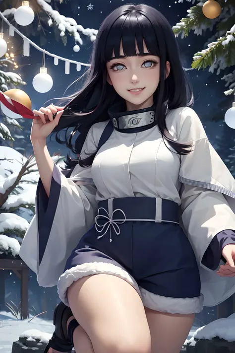 hinata hyuuga, sfw, christmas mood, smile, <lora:hyuuga_hinata-10:0.8> hyuuga_hinata, konoha, garlands, happy