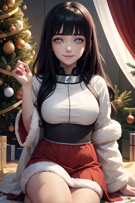 hinata hyuuga, sfw, christmas mood, smile, <lora:hyuuga_hinata-10:0.8> hyuuga_hinata, konoha, garlands, happy