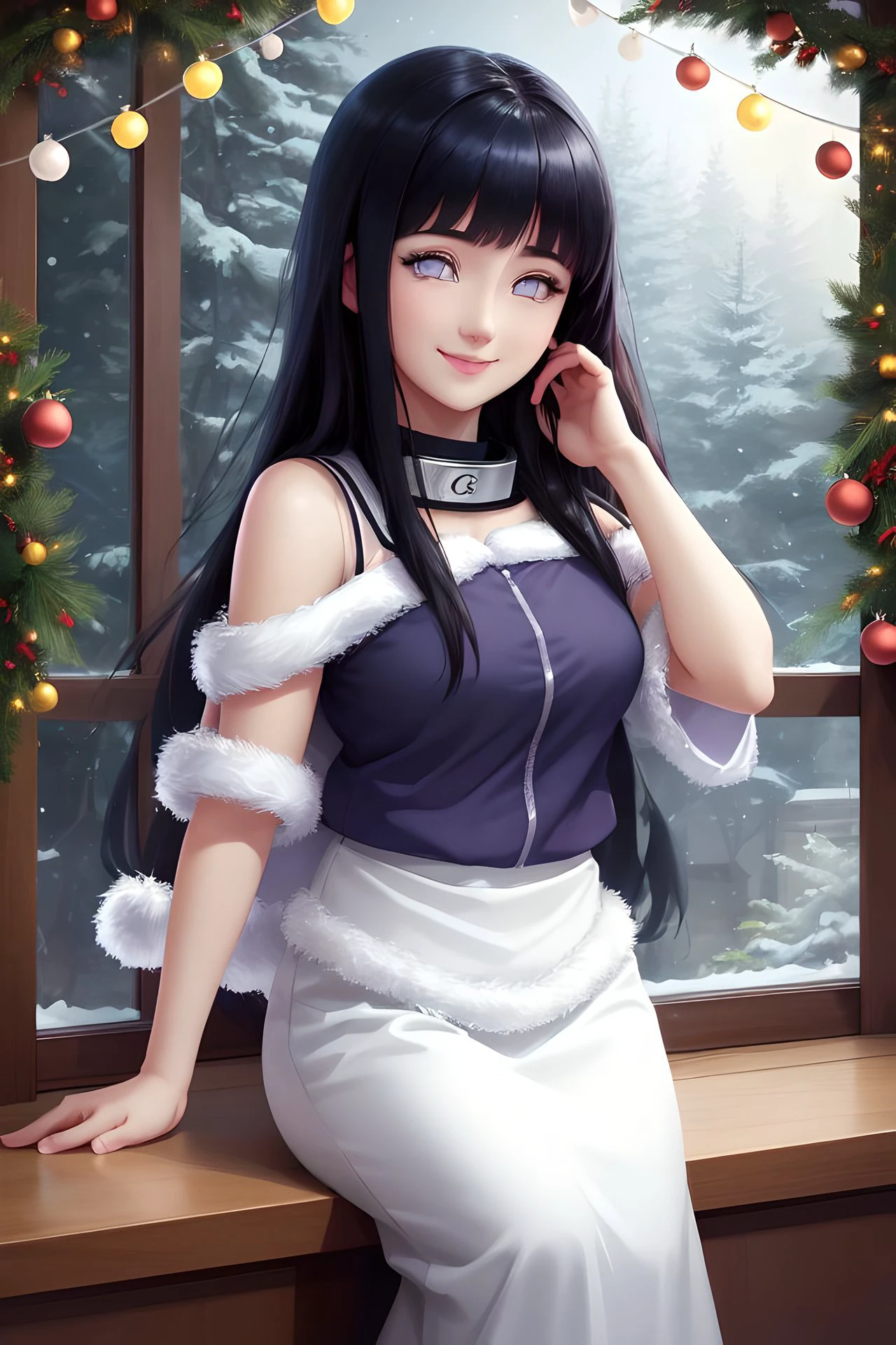 hinata hyuuga, sfw, christmas mood, smile, <lora:hyuuga_hinata-10:0.8> hyuuga_hinata, konoha, garlands, happy