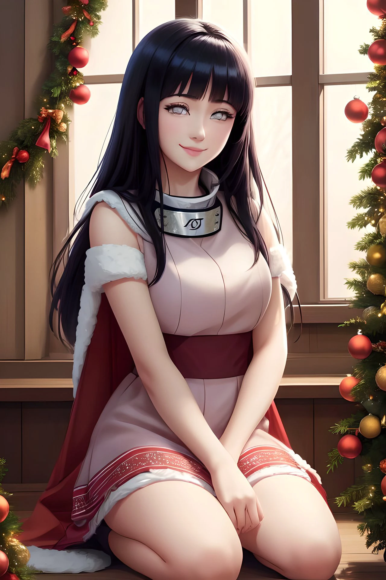 hinata hyuuga, sfw, christmas mood, smile, <lora:hyuuga_hinata-10:0.8> hyuuga_hinata, konoha, garlands, happy