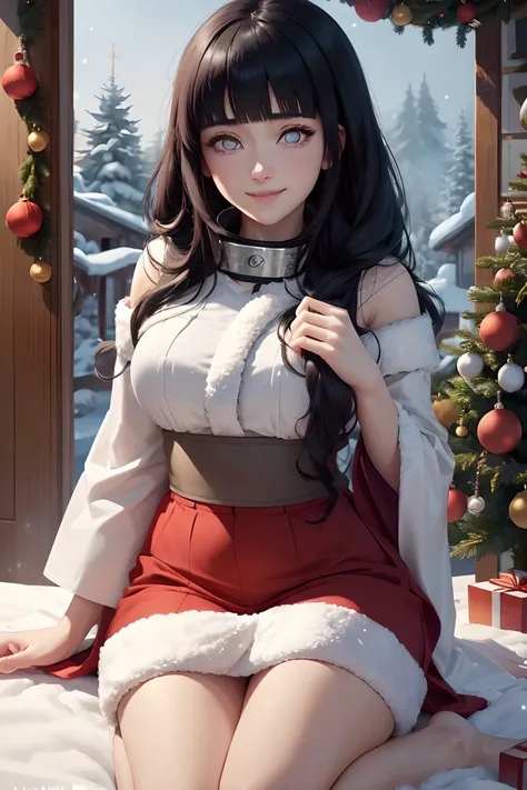 hinata hyuuga, sfw, christmas mood, smile, <lora:hyuuga_hinata-10:0.8> hyuuga_hinata, konoha, garlands, happy