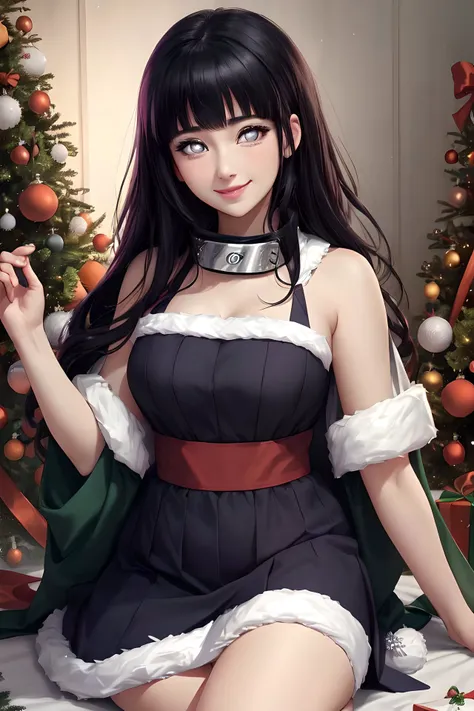 hinata hyuuga, sfw, christmas mood, smile, <lora:hyuuga_hinata-10:0.8> hyuuga_hinata, konoha, garlands, happy
