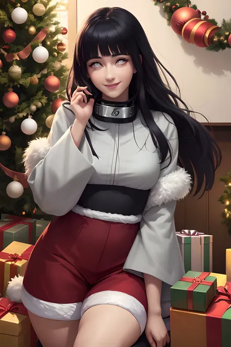 hinata hyuuga, sfw, christmas mood, smile, <lora:hyuuga_hinata-10:0.8> hyuuga_hinata, konoha, garlands, happy