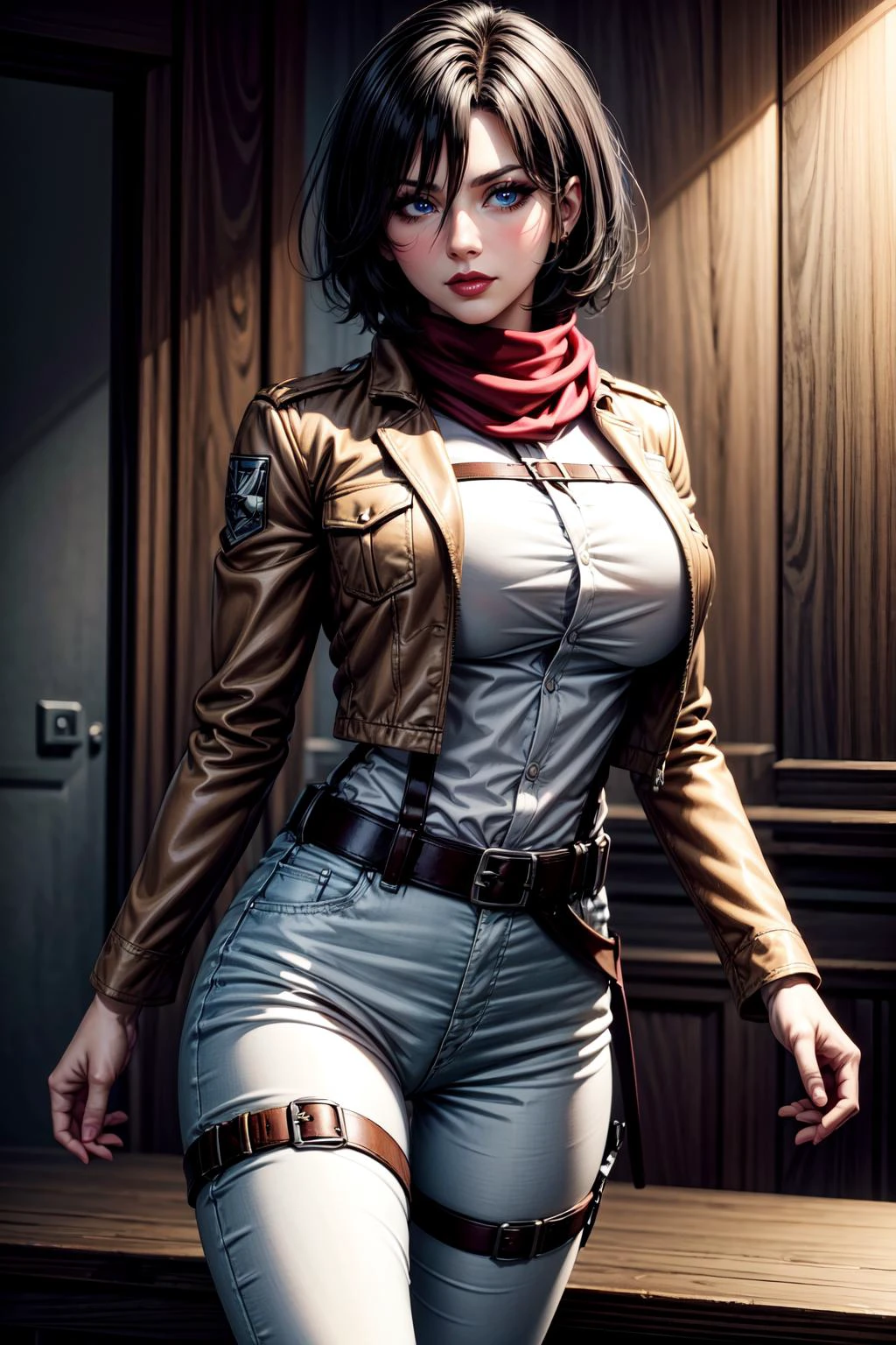 (masterpiece, 8k, 4k, extremely detailed, best quality, absurdres, anime style, strong lineart:1.4) nice hands, perfect hands, 1girl, mature, milf, (huge tits:1.3),<lora:more_details:1> <lora:mikasa ackerman:0.8> mikasa ackerman, short hair, black hair, hair between eyes, black eyes, , mikasa ackerman, short hair, black hair, hair between eyes, black eyes, shirt, long sleeves, standing, jacket, white shirt, open clothes, collared shirt, belt, pants, open jacket, dress shirt, thigh strap, buckle, cropped jacket, black belt, red scarf, brown jacket, belt buckle, white pants, emblem, paradis military uniform, survey corps \(emblem\), boots,