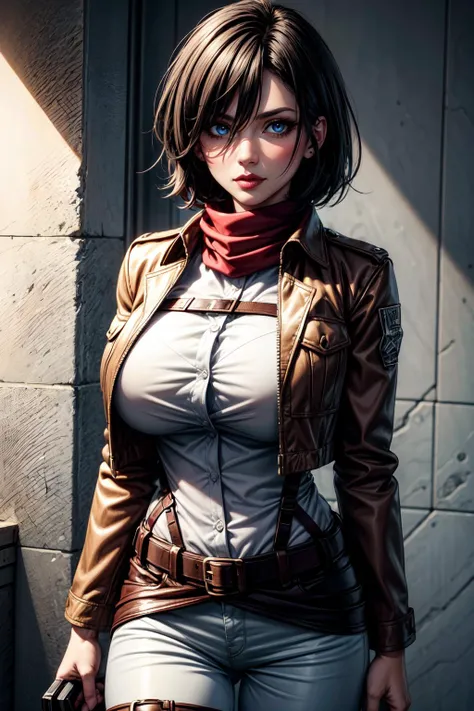 (masterpiece, 8k, 4k, extremely detailed, best quality, absurdres, anime style, strong lineart:1.4) nice hands, perfect hands, 1girl, mature, milf, (huge tits:1.3),<lora:more_details:1> <lora:mikasa ackerman:lbw=inall:step=5-25> mikasa ackerman, short hair, black hair, hair between eyes, black eyes, , mikasa ackerman, short hair, black hair, hair between eyes, black eyes, shirt, long sleeves, standing, jacket, white shirt, open clothes, collared shirt, belt, pants, open jacket, dress shirt, thigh strap, buckle, cropped jacket, black belt, red scarf, brown jacket, belt buckle, white pants, emblem, paradis military uniform, survey corps \(emblem\), boots,