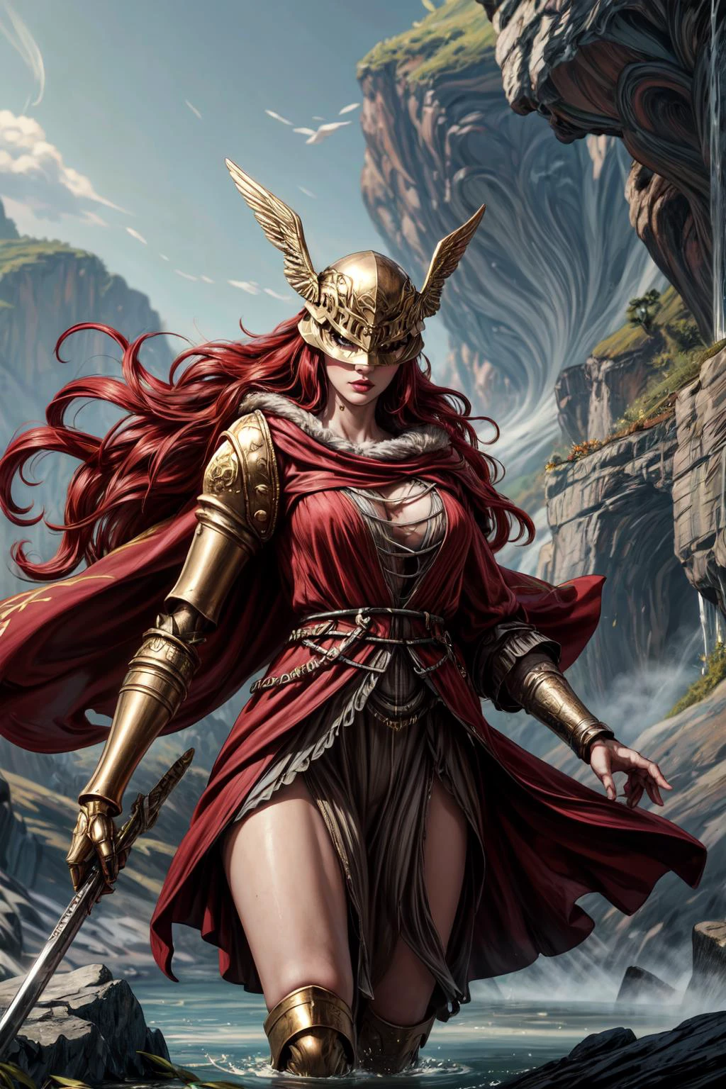 (masterpiece, 8k, 4k, extremely detailed, best quality, absurdres:1.4) nice hands, perfect hands, 1girl, mature, milf, (huge tits:1.3),<lora:more_details:1> <lora:MaleniaMv3:0.9> malenia blade of miquella, very long red hair, helmet over eyes, red coat, gold arm, flowing robes, sandals, holding long katana, gold greaves, wings, floating in the sky with wings spread