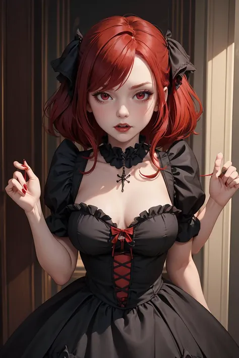 (masterpiece, best quality), 1girl, red hair, medium chest, gothic frill dress, pervert face,