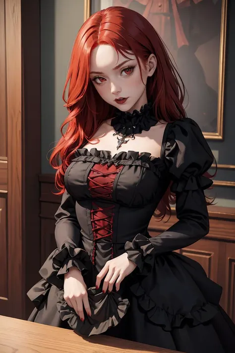 (masterpiece, best quality), 1girl, red hair, medium chest, gothic frill dress, pervert face, <lora:add_detail:1>