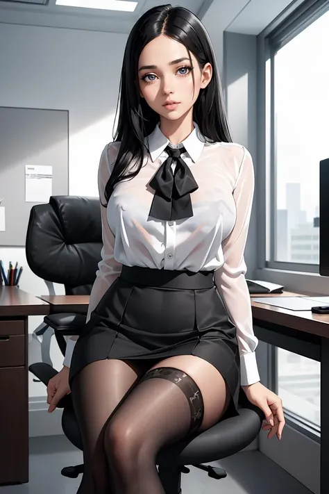(masterpiece, best quality), a young black haired girl office secretary dressed in a transparent white blouse and black office skirt and black pantyhose ,sitting in an office chair, holding pencil, (detailed skin:1.3),(detailed eyes), (sharp focus),