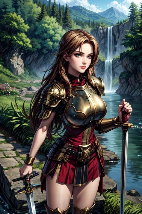 (masterpiece, extremely detailed, best quality, absurdres, anime style:1.4) nice hands, perfect hands, 1girl, solo, mature, milf, sexy, (huge tits:1.3) <lora:more_details:1> <lora:Valeria:lbw=inall:step=5-25:0.8> 1 girl, solo, smile, slender woman, mature, long hair, dark blonde, green eyes, hair at one side, red outfit, (bronze armor breastplate:1.2), bare legs, legs on water, waterfall, outdoors, forest, cowboyshot full body, holding sword, fencing, swordswoman,