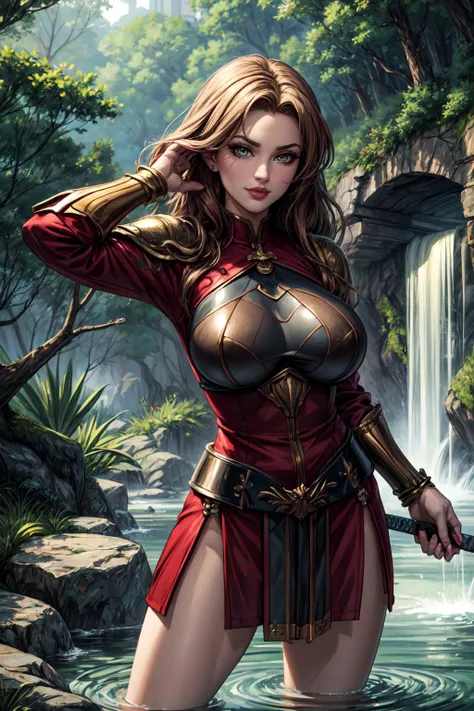 (masterpiece, extremely detailed, best quality, absurdres, anime style:1.4) nice hands, perfect hands, 1girl, solo, mature, milf, sexy, (huge tits:1.3) <lora:more_details:1> <lora:Valeria:lbw=inall:step=5-25:0.8> 1 girl, solo, smile, slender woman, mature, long hair, dark blonde, green eyes, hair at one side, red outfit, bronze armor, bare legs, legs on water, waterfall, outdoors, forest, cowboyshot full body, holding sword, fencing, swordswoman,