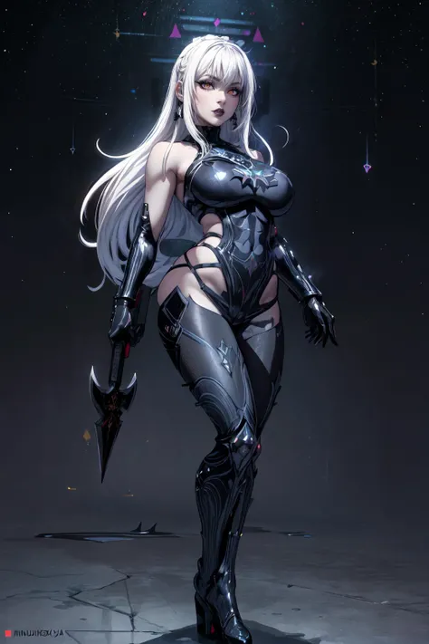 (masterpiece, extremely detailed, best quality, absurdres, anime style:1.4) nice hands, perfect hands, 1girl, solo, mature, milf, sexy, (huge tits:1.3) <lora:more_details:1> <lora:Omega-F Kangaxx v5:lbw=inall:step=5-35>omega_tpa, 1girl, earrings, black armor, lipstick, high heels, pale skin, white hair in ponytail and straight bangs, long hair, (starry sky, glowing constellations:1.3), elbow gloves, floating space arena, runes, polearm, full body, holding polearm, full body, standing