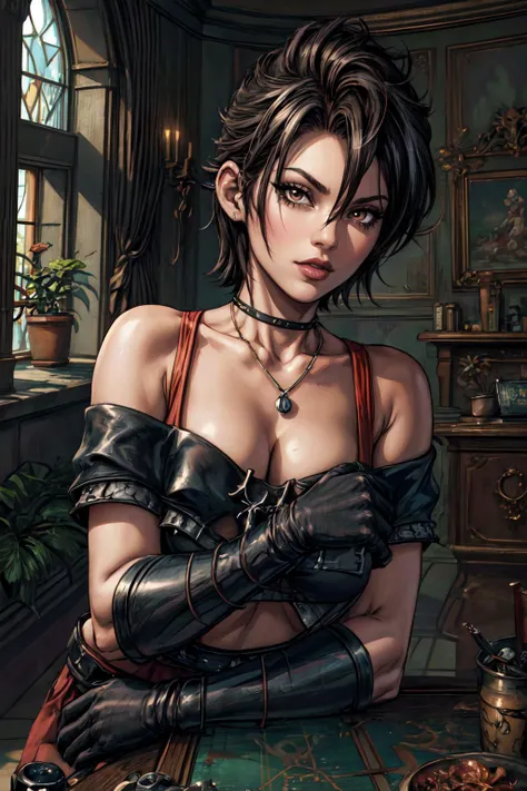 (masterpiece, extremely detailed, best quality, absurdres, anime style:1.4) nice hands, perfect hands, 1girl, solo, mature, milf, sexy, (huge tits:1.3) <lora:more_details:1> <lora:paine-nvwls-v1:lbw=inall> paine, red eyes, short spiky black hair with sides shaved, choker, necklace, crop top, off-shoulder, elbow gloves, suspenders, black shorts, thighhighs, boots, <lora:ff8bg:lbw=outall> aircraft, chair, cityscape, ff8bg, ground vehicle, landscape, mecha, no humans, outdoors, painting (object), potted plant, ruins, scenery, science fiction, sky, stained glass, window