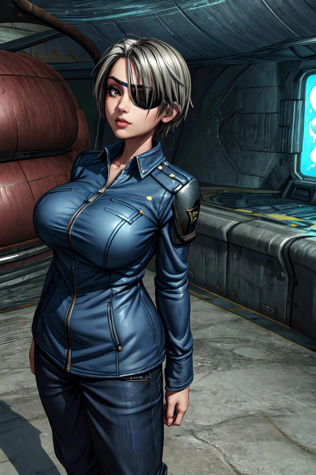 (masterpiece, extremely detailed, best quality, absurdres:1.4) nice hands, perfect hands, 1girl, solo, mature, milf, sexy, (tits:1.3) <lora:more_details:1> <lora:ff8fujin-nvwls-v1:0.7> ff8fujin, silver hair, (eyepatch:1.4), blue jacket, single shoulder pad, long sleeves, blue pants (science_fiction:1.2), academy, water feature path, shallow water, stripes of shallow water, infinite walkways, massive open space, (modern:1.2), realistic, game CG, walkway, color coordinated, <lora:ff8bg:1.2>, ff8bg, clean,