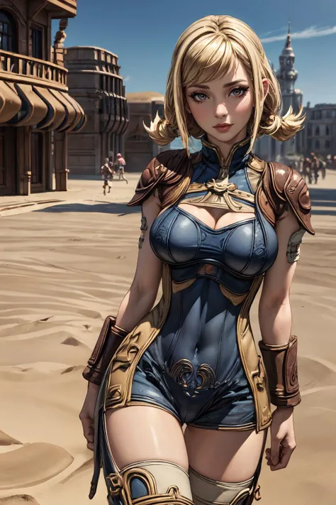 (masterpiece, extremely detailed, best quality, absurdres:1.4) nice hands, perfect hands, 1girl, solo, mature, milf, sexy, (tits:1.3) <lora:more_details:1> <lora:penelo-nvwls-v1-final:lbw=inall:step=5-35> penelo_ffxii, blue bodysuit, shoulder pads, bracers, knee boots, <lora:ffxii-nvwls-v01:lbw=outall> 12style, desert, city, city street, castle, sand