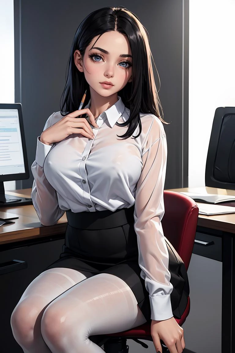 (masterpiece, best quality), a young black haired girl office secretary dressed in a transparent white blouse and black office skirt and black pantyhose ,sitting in an office chair, holding pencil, (detailed skin:1.3),(detailed eyes), (sharp focus),