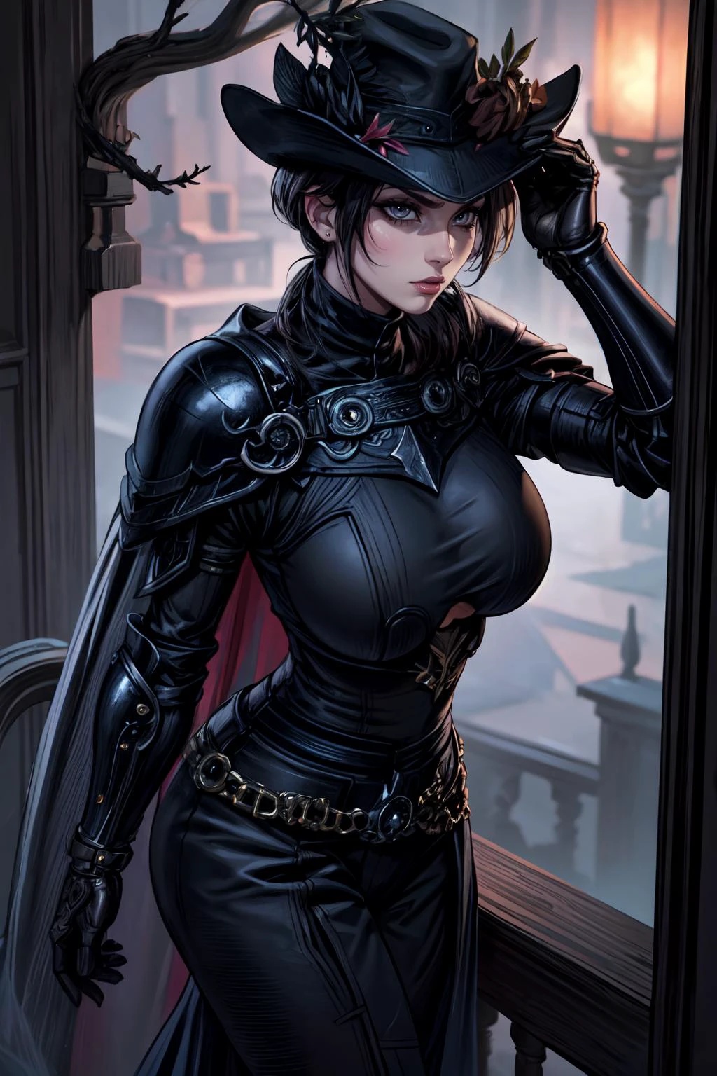 (masterpiece, extremely detailed, best quality, absurdres:1.4) nice hands, perfect hands, 1girl, solo, mature, milf, sexy, (huge tits:1.3) <lora:more_details:1> <lora:zero-nvwls-v1:lbw=inall:step=5-30> 1girl, zero, gray eyes, hat, black cape, armor breastplate, gauntlets, boots, cowboy shot, looking at viewer, neutral expression, furrowed brow, from above, from side, looking up, side-eye, night, forest