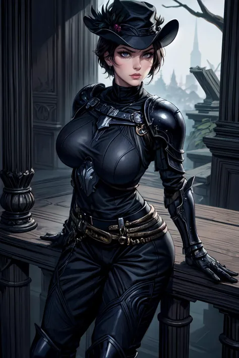 (masterpiece, extremely detailed, best quality, absurdres:1.4) nice hands, perfect hands, 1girl, solo, mature, milf, sexy, (huge tits:1.3) <lora:more_details:1> <lora:zero-nvwls-v1:lbw=inall:step=5-30> 1girl, zero, gray eyes, hat, black cape, armor breastplate, gauntlets, boots, cowboy shot, looking at viewer, neutral expression, furrowed brow, from above, from side, looking up, side-eye, night, forest