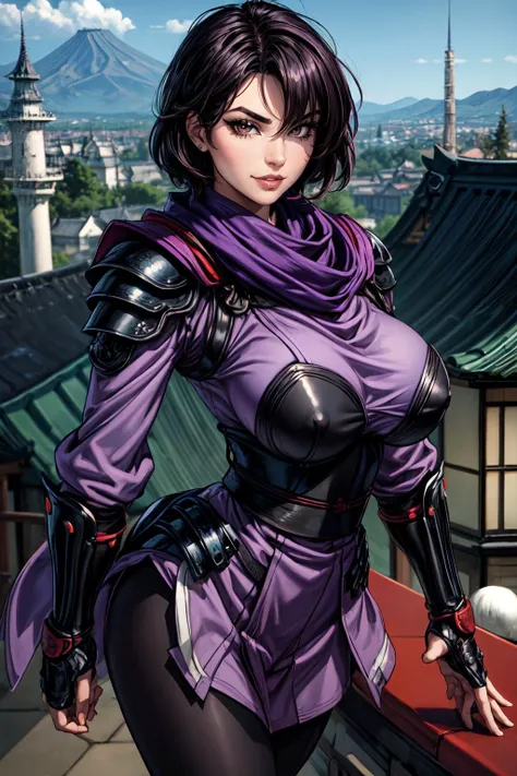 (masterpiece, extremely detailed, best quality, absurdres:1.4) nice hands, perfect hands, 1girl, solo, mature, milf, sexy, (huge tits:1.3) <lora:more_details:1> 1 girl, solo, black hair, purple eyes, short hair, messy hair, low tail, purple outfit, purple scarf, armor, black tights, gauntlets, fingerless gloves, ninja pose, full body, outdoors, ((japanese castle rooftop)) <lora:Ayame:lbw=inall:step=5-30>