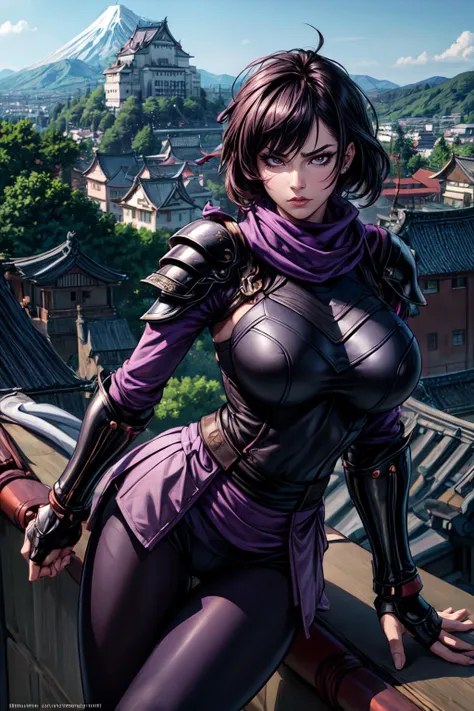 (masterpiece, extremely detailed, best quality, absurdres:1.4) nice hands, perfect hands, 1girl,  solo, mature, milf, sexy, (huge tits:1.3) <lora:more_details:1>  1 girl, solo, black hair, purple eyes, short hair, messy hair, low tail, purple outfit, purple scarf, armor, black tights, gauntlets, fingerless gloves, ninja pose, full body, outdoors, ((japanese castle rooftop)) <lora:Ayame:lbw=inall:step=5-30>