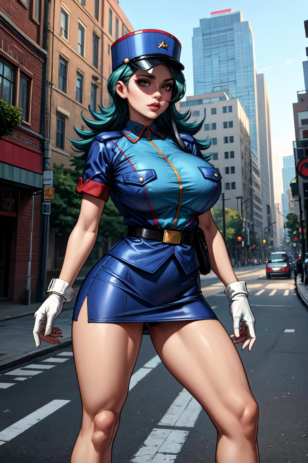 (masterpiece, 8k, 4k, extremely detailed, best quality, absurdres:1.4) nice hands, perfect hands, mature, milf, sexy, (huge tits:1.1) <lora:more_details:0.75> <lora:officerjenny-nvwls-v1:0.8>pkmnJenny, blue hat, police uniform, cleavage, blue shirt with lapels, short sleeves, belt, short pencil skirt, white gloves, high heels, long legs, full body view, standing in a wide stance, legs spread, standing in a city street
