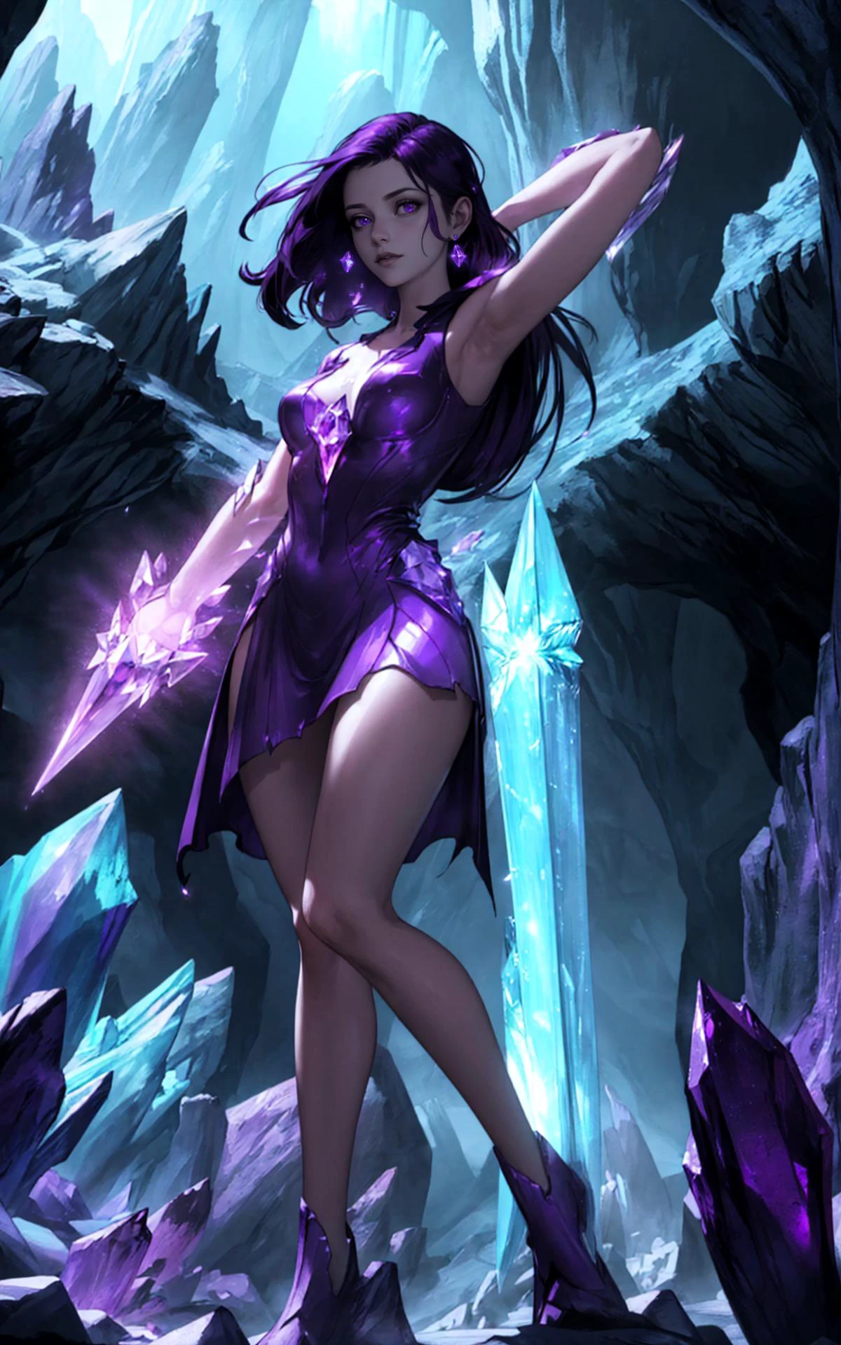 (style of Neil Blevins:1.4), (Cinematic shot, Crystal Cave Young Adult Woman Guardian:1.4), (mythical cinematic establishing shot of gorgeous woman, highly detailed background:1.2), volumetric lighting, subsurface scattering, dynamic pose, (special effects, color grading, fantasy aura), silver and purple crystal shard armor, broken glass floor, Glowing crystals, ethereal light, protective stance, purple magenta enchanted spear with powerful energy aura, mystical ground fog,